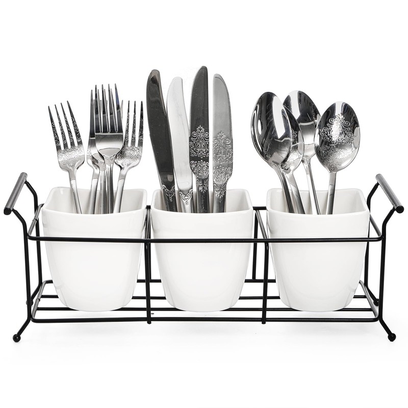 Bekith 3-Piece Ceramic Flatware Caddy with Metal Rack, Utensil Holder