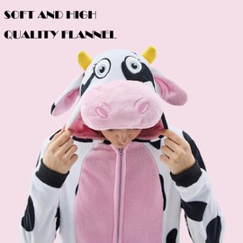 NEWCOSPLAY Unisex Adult Pink Cow Onesie Pajamas Animal One Piece Costume Cosplay Sleepwear (Pink Cow, Large)
