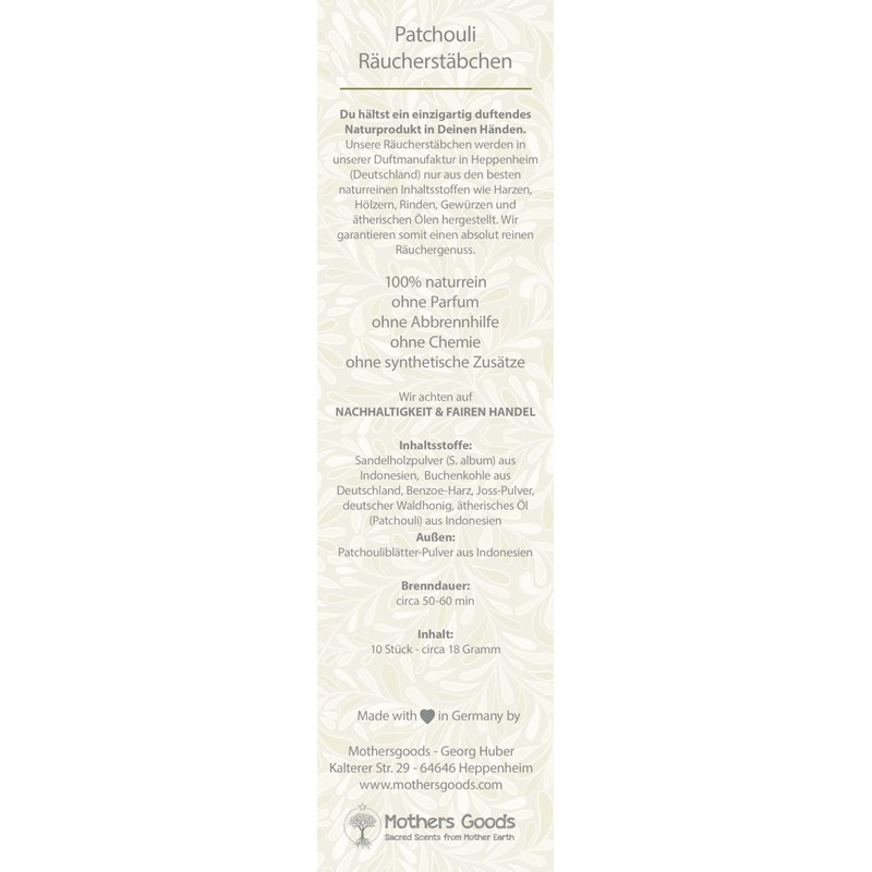 100% Natural Patchouli Incense Sticks, Pure Natural, 10 Sticks, Made