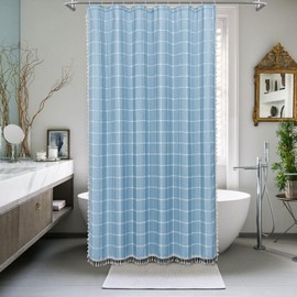 Gibelle Blue Boho Farmhouse Shower Curtain with Tassels, Rustic Cottagecore Aesthetic Bohemian Chic Modern Bathroom Decor Thick Waffle Textured Fabric Shower Curtain Set with Hooks, 72x72