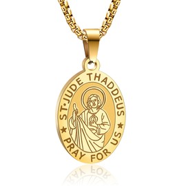 Yaumatea St. Jude Thaddeus Necklace, Patron of Desperate Causes, Protection Medal, Catholic Gift, Stainless Steel 24" Chain (Gold)