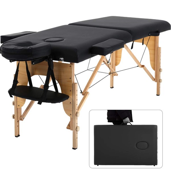 Dkeli Portable Massage Table Spa Bed Folding 84 Inch Height Adjustable 2 Fold Massage Bed with Carry Case PU Leather Professional Facial Salon Tattoo Bed with Face Cradle, Hold Up to 450Lbs, Black