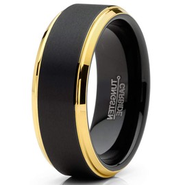 Metal Masters Co. Mens Tungsten Ring Wedding Band Beveled Edges Comfort-fit Black Goldtone 8MM 7