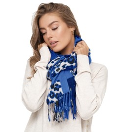 Glamexx24 Women's XXL Scarf Cuddly Warm Leopard Pattern 3 Coloured Fringe Poncho Scarf Oversized Blanket Scarf, Blue, White, Black