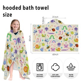 Fiwbnasz Insect Hooded Beach Towel for Kids, Yellow Hooded Towels for Toddlers 30" X 50", Kids Beach Towels for Pool, Travel, Swim, Animal Wearable Bath Towel for Girls, Toddlers