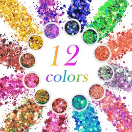 Pack of 12 Fluorescent Glitter, Face Body Glitter, Glitter Powder Sequin Set, Fancy Dress Makeup Glitter, Sequin Glitter Powder for Nails, Make-up, Body, Hair, DIY, Resin, Party