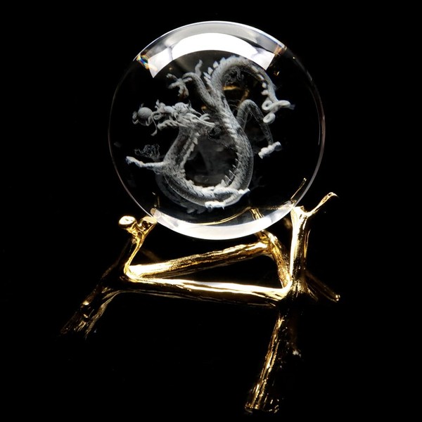 Dragon Crystal Ball, Approx. 3.1 inches (80 mm), Dragon God, Zodiac Sign, Dragon Figurine, Artificial Crystal, Round Ball, Base Included, New Year, New Year, Lucky Charm, Sculpture, Figurine, Dragon