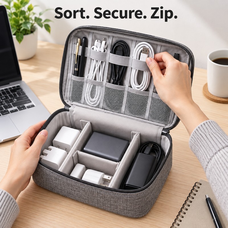 Waterproof Cable Storage Bag, Portable Electronic Organizer Case for USB