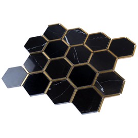 TNNGG-06 3" Honeycomb Hexagon Black and Gold Polished Marble Mosaic Tile Backsplash 1 Sheet