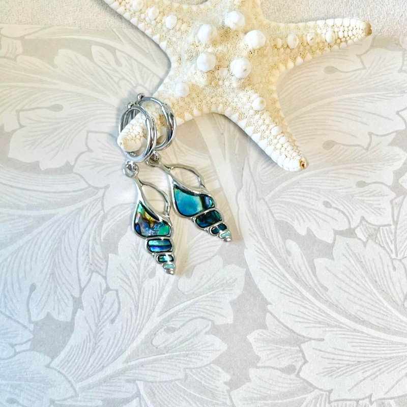 Abalone Shell Huggie Hoops Earrings, Cute Conch Shell Design, White