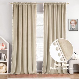 MIULEE Beige Pom Pom Velvet Curtains for Bedroom/Living Room Cream Darkening Thermal Insulating 84 Inches Long Blackout Curtains with Rod Pocket for Girls Room/Nursery/Home Theater Set of 2