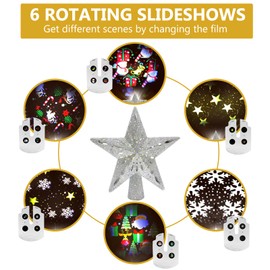 Christmas Tree Topper Star Lighted with 6 Projection Modes, LED Christmas Ribbon Lights with Built-in Rotating LED Dynamic Projector, 3D Glitter Hollow Star Tree Topper Starry Night Light, Silver
