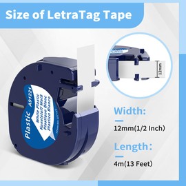 Wonfoucs Compatible Plastic White 12 mm x 4 m Label Tape to Replace Dymo Letratag Label Tape 12 mm x 4 m 91221 S0721660 Black on White for Dymo Letra Tag LT-100H LT-100T LT-110T XR, Pack of 10