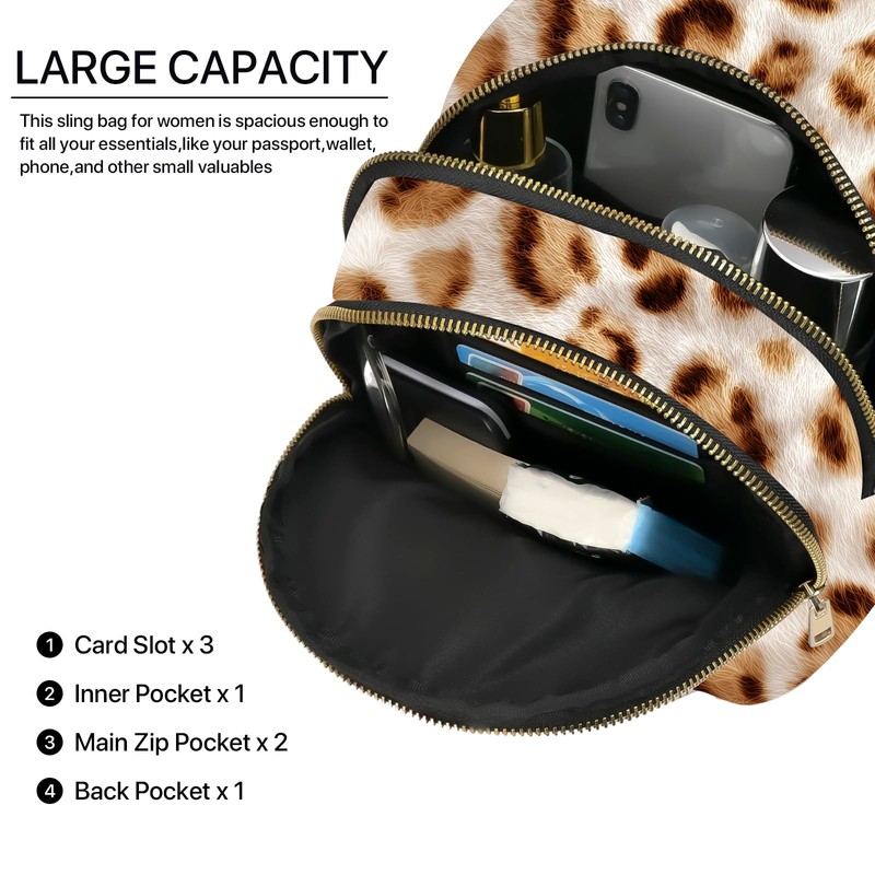 LYEMVHE Leopard Print Leather Sling Bag Small Crossbody Backpack Travel