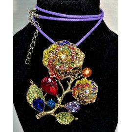 BETSEY JOHNSON STATEMENT PIN PENDANT MULTI COLOR CRYSTAL  GOLD ROSE LEATHER CORD