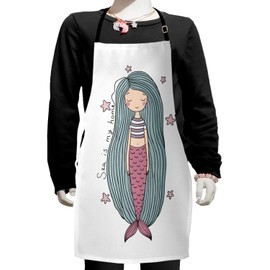 Ambesonne Mermaid Apron, Sea is My Home Words Written in Strand of Hair Girl Sleeping with Stars, Small Apron Bib with Adjustable Ties for Baking Painting, Small Size, Pink Lilac Slate Blue