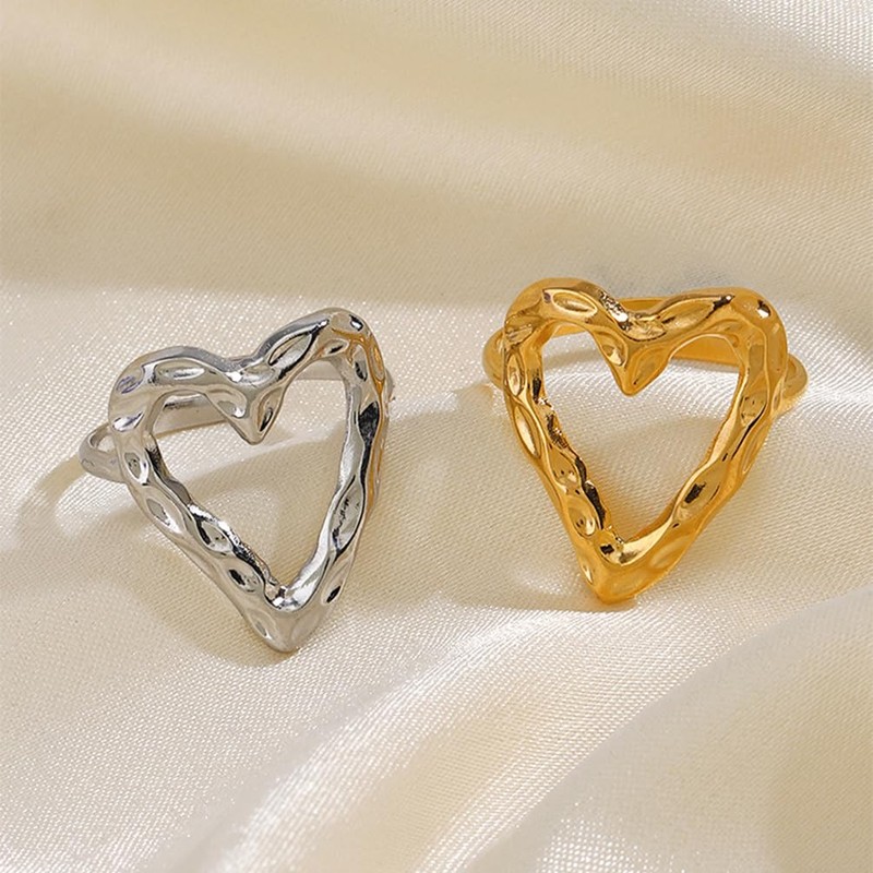 DZSYJKTM 2Pcs Dainty Chunky Gold Silver Hammered Heart Rings Stackable