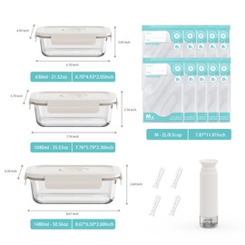 Domsanistor Vacuum Seal Glass Food Storage Containers, 3pcs Containers with 10pcs Sous Vide Bags/ 1pc Manual Pump, Meal Prep Container with Airtight Locking Lids for Lunch, Long-Lasting Freshness