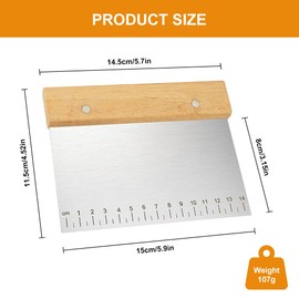Dough Scraper, Stainless Steel, Dough Card Stainless Steel with Non-Slip Wooden Handle and Measuring Scale, Multi-Purpose Baking Dough Cutter, Kitchen Spatula, Scraper, Kitchen Dough Card, Bread for