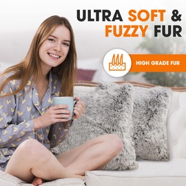Cheer Collection Set of 2 Shaggy Long Hair Throw Pillows - Super Soft Faux Fur Pillows for Sofa & Bed - Machine Washable - 18" x 18" - Gray