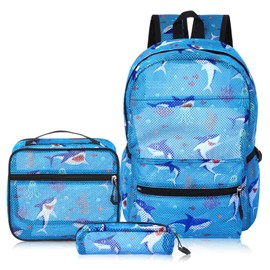 Sunnymove 3 Pack Mesh Backpack for Kids with Lunch Bag and Pencil Case Boys Girls School Travel Beach Gym Sports Bookbag (Shark)