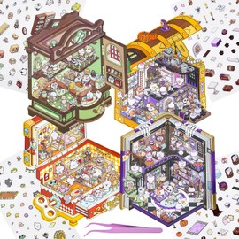 4 Sets DIY 3D Fun Mini House Scenes Stickers with Tweezers Make Your Own Mini Vintage Treasure Chest World Scenes Stickers Cute Mini Room Craft Stickers for Relief Stress Pass The Time