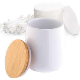KADAX Cosmetics Tin, Ceramic Storage Tin, Cotton Wool Box with Bamboo Lid, Cotton Pad Holder, Storage Tin, Cotton Tin, Universal Container for Bathroom, Cotton Pads, Round