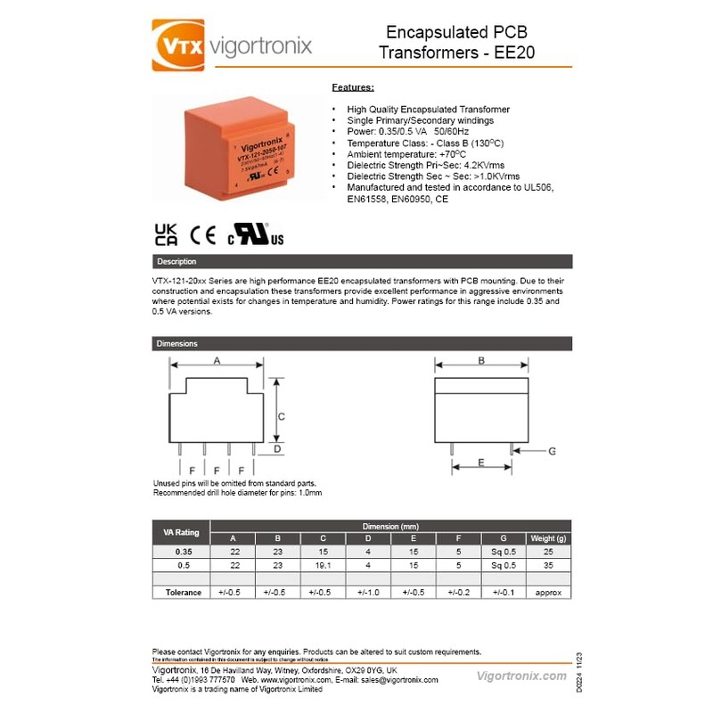 VIGORTRONIX 0.5 VA Encapsulated PCB Mains Transformer 0-230 V :