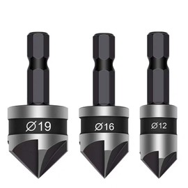 3 PCS 1/4 Inch Hex Shank, Countersink Drill Bit Hex Shank 5 Flute 90 Degree Center Countersink Bits Set 12mm 16mm 19mm for Woodworking, Wood Drill, Soft Metals (Black)