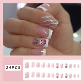 24Pcs Christmas Press on Nails Square Medium Fake Nails White French Tip Acrylic Nails Cute Elk Full Cover False Nails with Designs Winter Xmas Nude Pink Nail Art Decorations for Women and Girls
