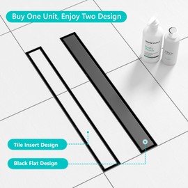 Neodrain 48 in Matte Black Linear Shower Drain with 2-in-1 Flat & Tile Insert Cover, 304 Stainless Steel Rectangle Shower Floor Drain,Floor Shower Drain