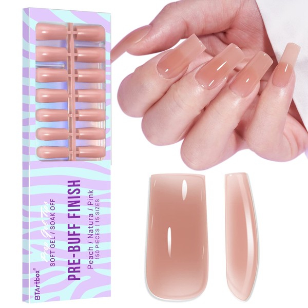 Soft Gel Nail Tips - BTArtbox Press On Nails Medium 150Pcs 2 in 1 X-coat Tips with Tip Primer Cover, One-Step Square Gel x Nail Tips Fake Nails 15 Sizes for Nail Extensions