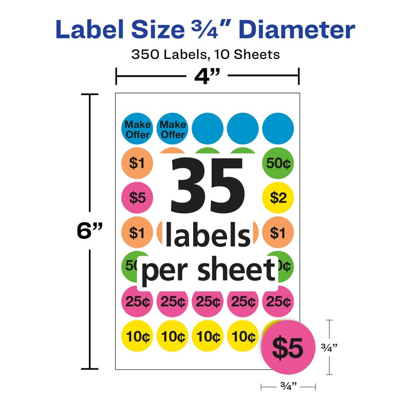 Avery Preprinted Removable Pricing Labels, 3/4 Inch Round Labels, Assorted