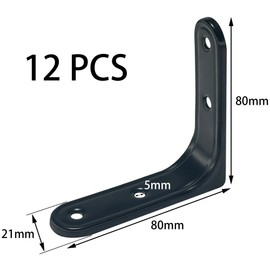 12 PCS Furniture Shelf Brackets, 90-Degree Metal L-Shaped Corner Supports (Black, 80 * 80 * 21mm)