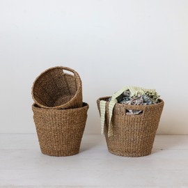 Creative Co-Op Round Decorative Hand-Woven Seagrass Cone Baskets with Handles, Natural, Set of 3
