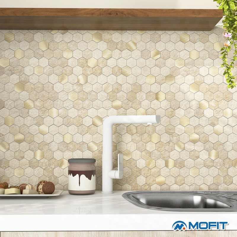MOFIT Hexagon Peel and Stick Backsplash Tiles Kitchen,Self-Adhesive Metal and