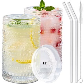 Ework4U 2 Pcs Iced Coffee Glasses Cups with Glass Lids and Straws,14 oz Thick Emboss Beaded Drinking Glass Cup Set,Latte Glasses,Ideal for Water,Soda,Gift - with Cleaning Brushe