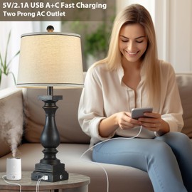 MOUVOVO 28" Tall Farmhouse Table Lamps with USB C+A Ports and AC Outlet, 3 Way Touch Control Rustic Bedside Lamps for Bedroom, Black Vintage Nightstand Lamps for Living Room Office