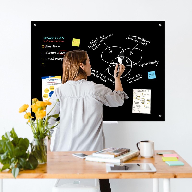 QUEENLINK Black Dry Erase Board, 36" x 24" Magnetic Glass