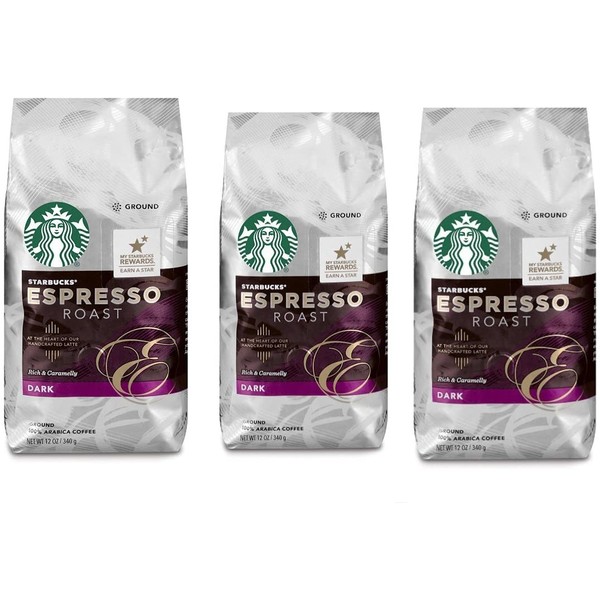 Starbucks, Dark Roast, Espresso Roast Ground Coffee, 12oz Bag (Pack of 3)