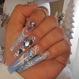 DOUBNINE Super Long Coffin Press on Nails Blue Snowflake Rhinestone French Tip 3D Glitter Designed Ombre Ballerina Bling Reusable Glossy Acrylic False Nail Full Cover for Women