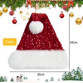 BEKKLPOU Pack of 2 Christmas Hats for Adults and Children, Christmas Hat with Sequins, Plush Velour Santa Hat with Soft Liner, Christmas Tree Topper, Festive Christmas Party