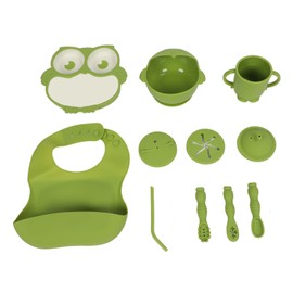 Baby Led Weaning Supplies Owl Shape Teether Safety Strong Suction Silicone Baby Feed Set Green
