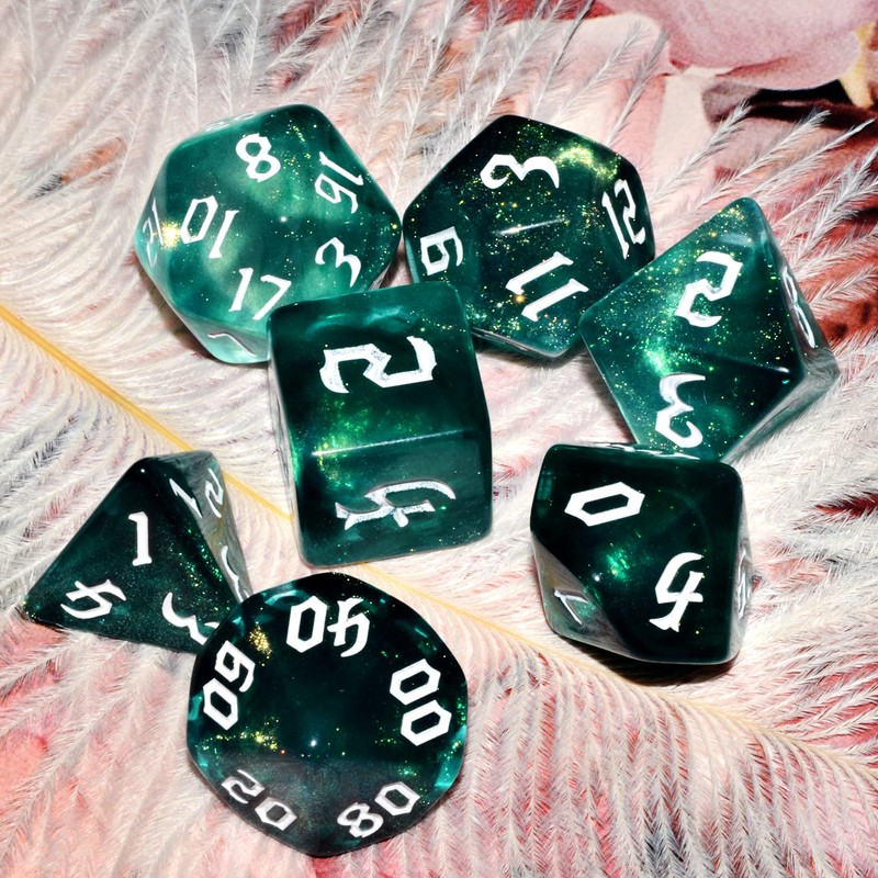Galaxy Dice Set| Dark Green Mix Cyan Crystal DND Dice