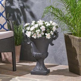 Christopher Knight Home Jorine Patio Planter, Light Concrete Planter, Mid-Centry Gadern Urn, Floral Relif Design Plant Pot, Large Garden Pot, Flower Urn with Drainage Hole for Backyard Home, Black
