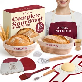 Sourdough Bread Baking Supplies with 2 Banneton Bread Proofing Basket Sizes - 16 Piece Sourdough Starter Kit Including Dough Whisk, Scraper, Lame, Apron for Artisan Bread Making