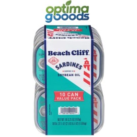 Beach Cliff Sardines in Soybean Oil 3.75oz Cans - 10 Pack Wild Caught Seafood.