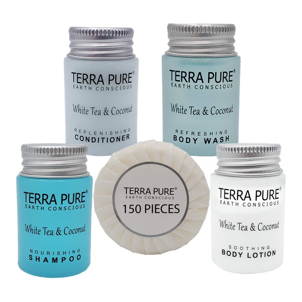 Terra Pure White Tea and Coconut Hotel Soaps and Toiletries Bulk Set | 1-Shoppe All-In-Kit for Hotels | 1oz Shampoo & Conditioner, Body Wash, Lotion & 1.25oz Bar Soap | Travel Size Toiletries 150 Pieces