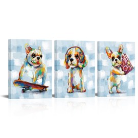 Kalormore Funny Dog Canvas Wall Art Colorful Puppy with Skateboard Headphone Pictures Painting Gallery Wrapped Framed Artwork for Girls Boys' Bedroom Bathroom Nursery Kids Room Home Office Decor