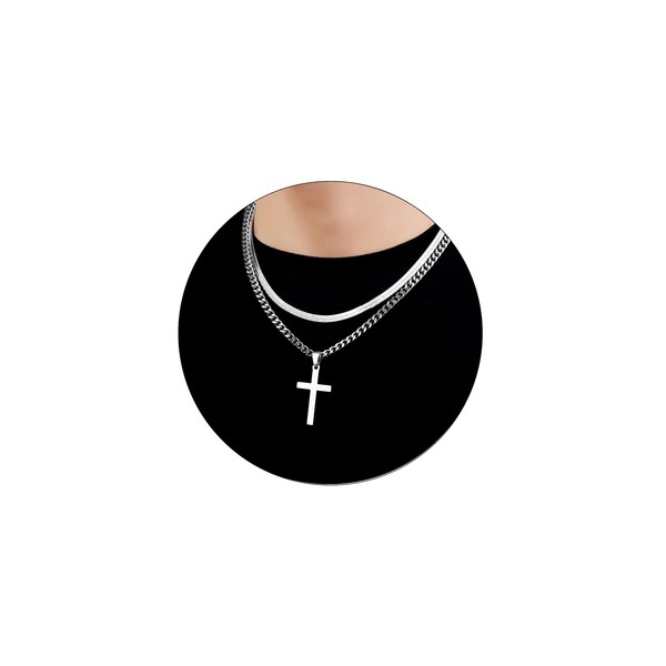 RUOOUY Layered Cross Necklace for Men Stainless Steel Layered Snake